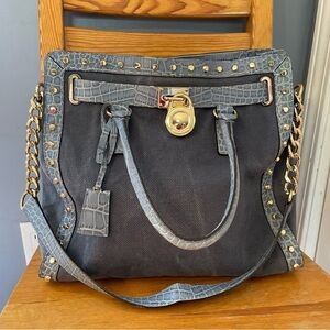 Michael Kors Hamilton Blue Denim Python Leather Handbag Purse